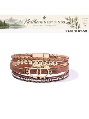 Leather Cuff Bangle Gold Beaded Stackable Bracelets with Magnetic Clasp